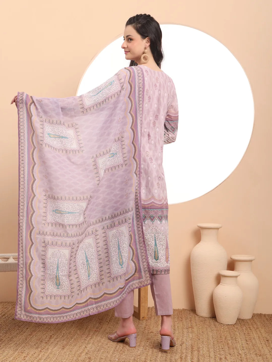 Premium Mul Cotton Lavender Kurta Dupatta Pant Set