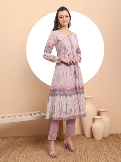 Premium Mul Cotton Lavender Kurta Dupatta Pant Set