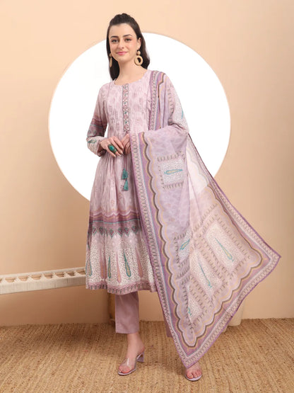 Premium Mul Cotton Lavender Kurta Dupatta Pant Set