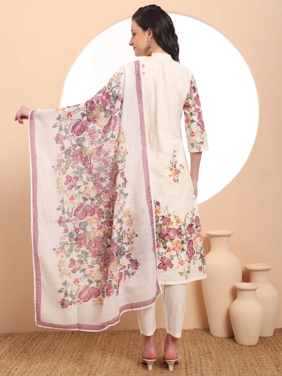 Premium Mul Cotton Pink Tassel Work Flared Kurta Dupatta Pant Set