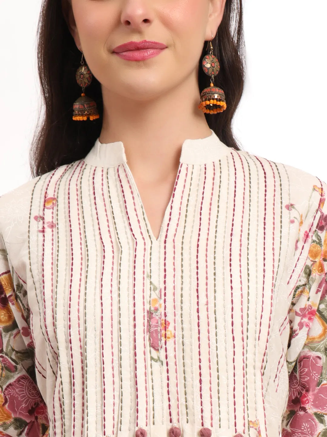 Premium Mul Cotton Pink Tassel Work Flared Kurta Dupatta Pant Set