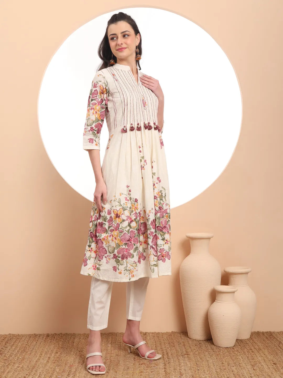 Premium Mul Cotton Pink Tassel Work Flared Kurta Dupatta Pant Set