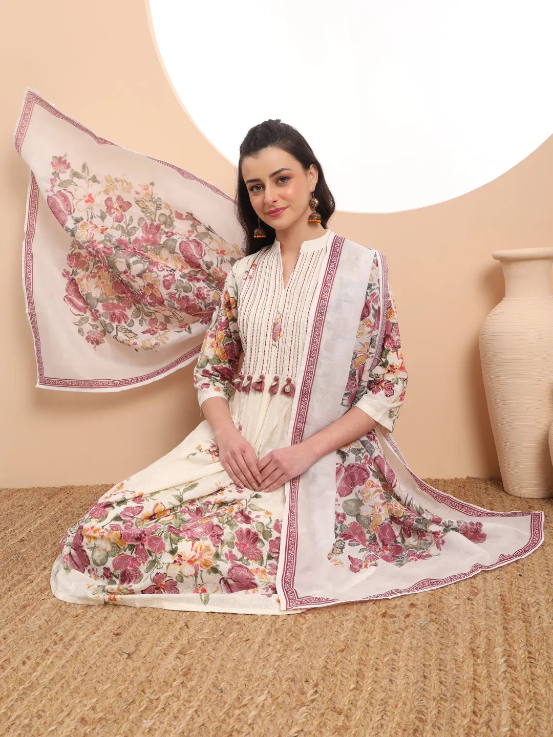 Premium Mul Cotton Pink Tassel Work Flared Kurta Dupatta Pant Set