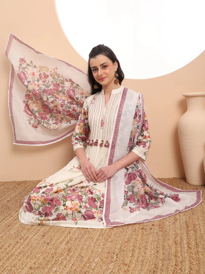 Premium Mul Cotton Pink Tassel Work Flared Kurta Dupatta Pant Set