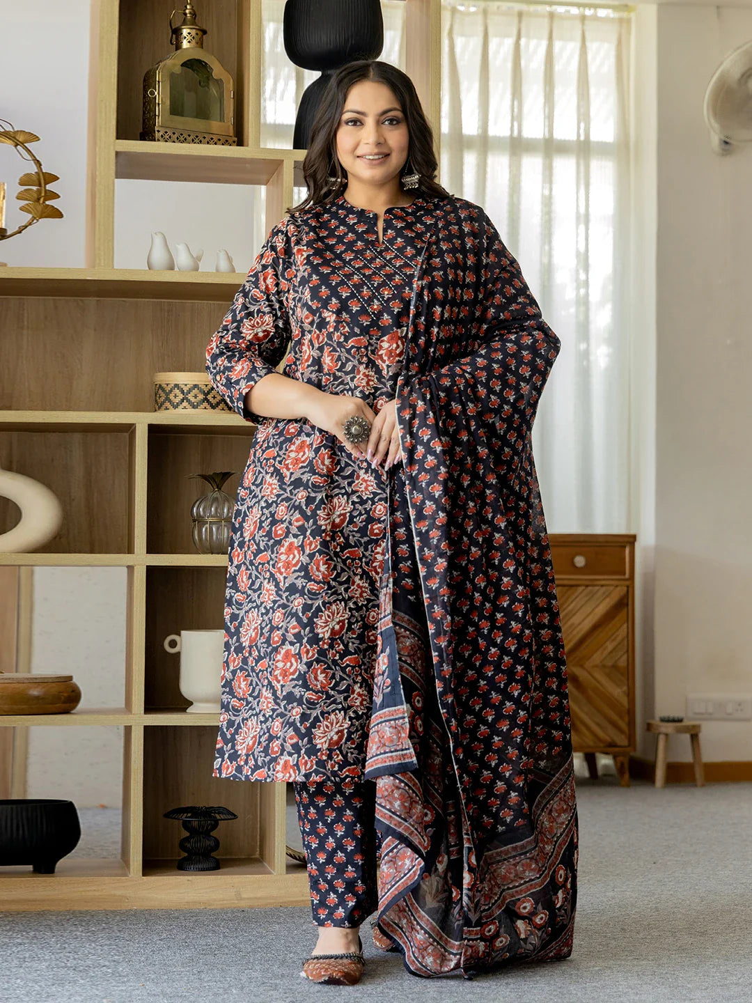 Pure Cotton Black Plus Size Kurta Dupatta Pant Set