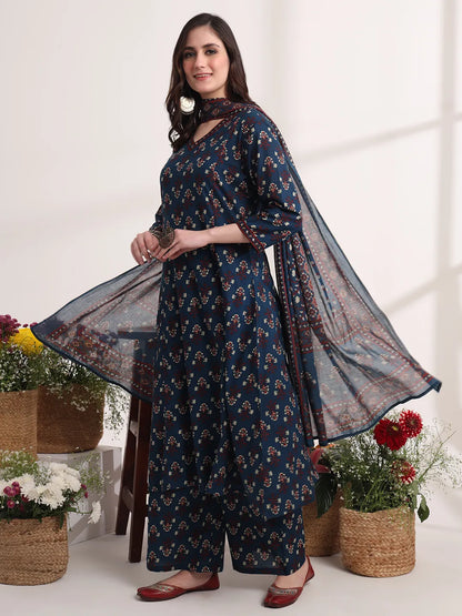 Pure Cotton Blue A-Line Kurta Dupatta Set With Handwork