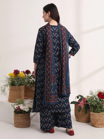 Pure Cotton Blue A-Line Kurta Dupatta Set With Handwork