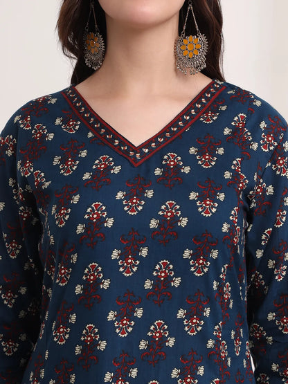 Pure Cotton Blue A-Line Kurta Dupatta Set With Handwork