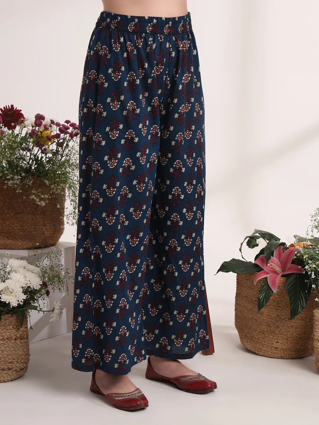 Pure Cotton Blue A-Line Kurta Dupatta Set With Handwork