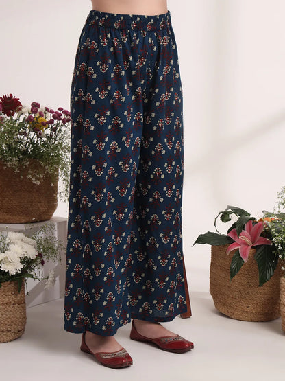 Pure Cotton Blue A-Line Kurta Dupatta Set With Handwork