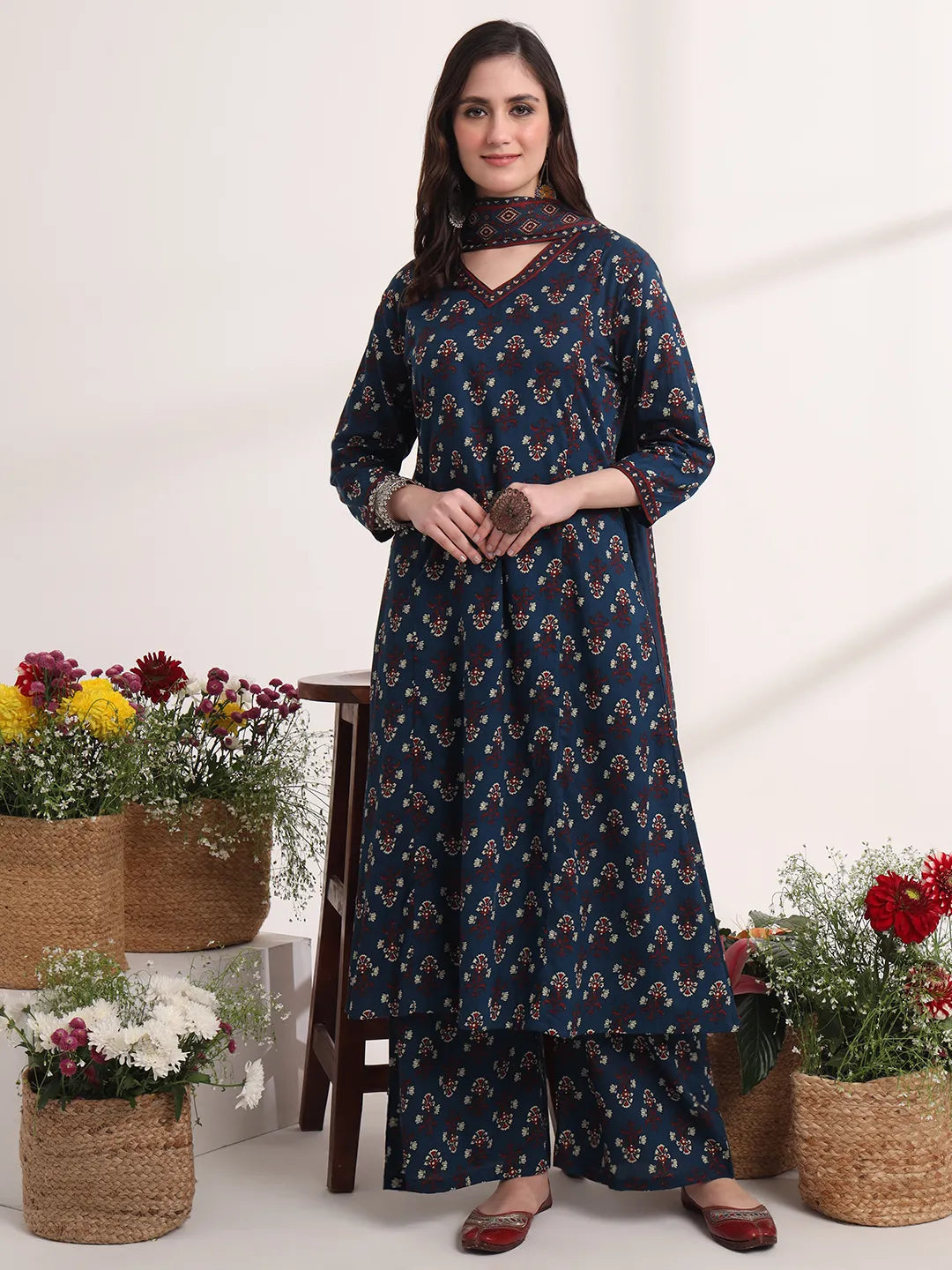 Pure Cotton Blue A-Line Kurta Dupatta Set With Handwork