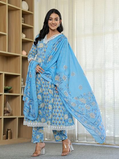 Pure Cotton Blue Anarkali Kurta Dupatta Set With Lacework