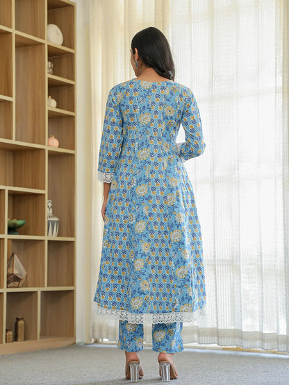 Pure Cotton Blue Anarkali Kurta Dupatta Set With Lacework