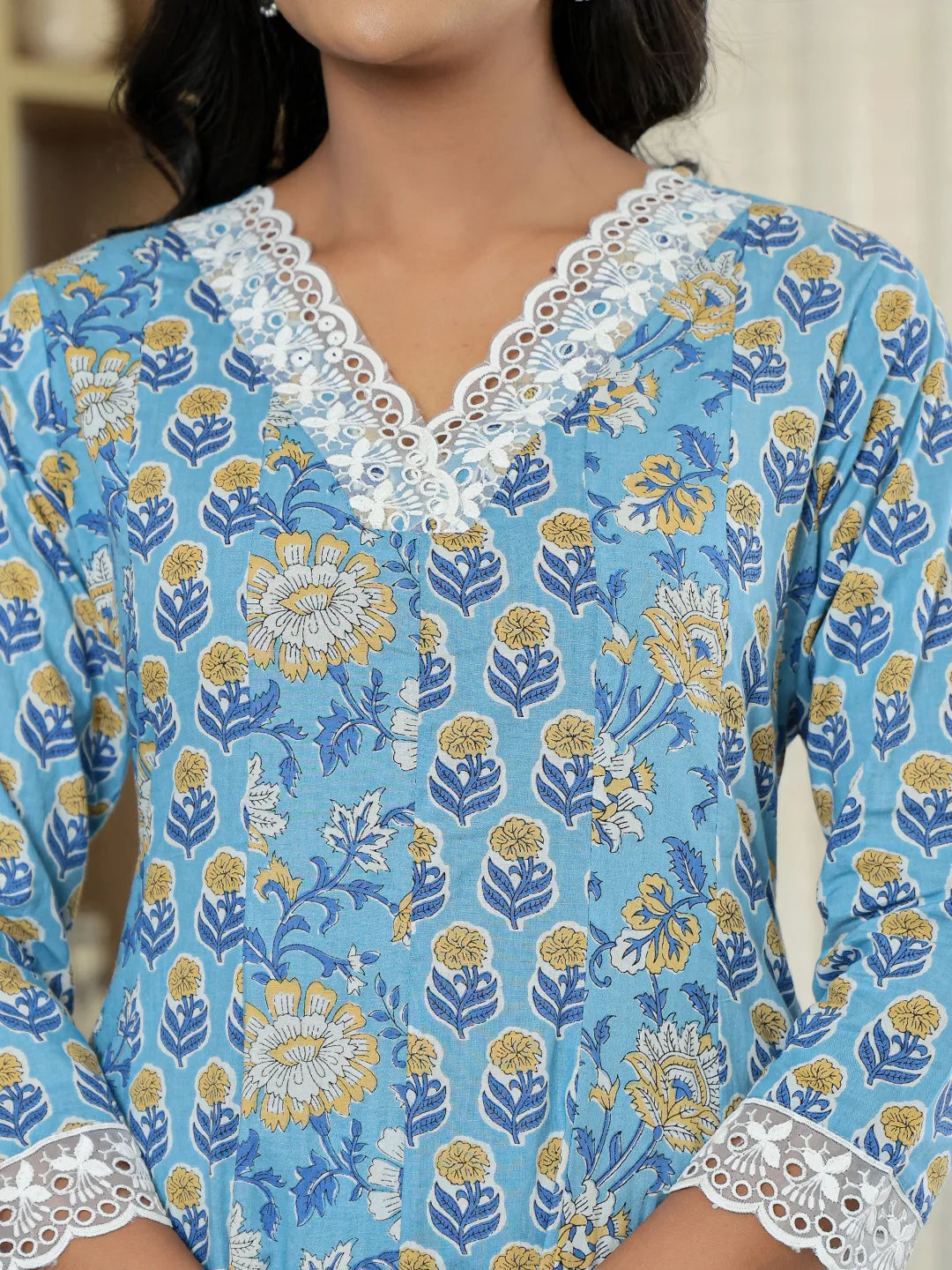 Pure Cotton Blue Anarkali Kurta Dupatta Set With Lacework