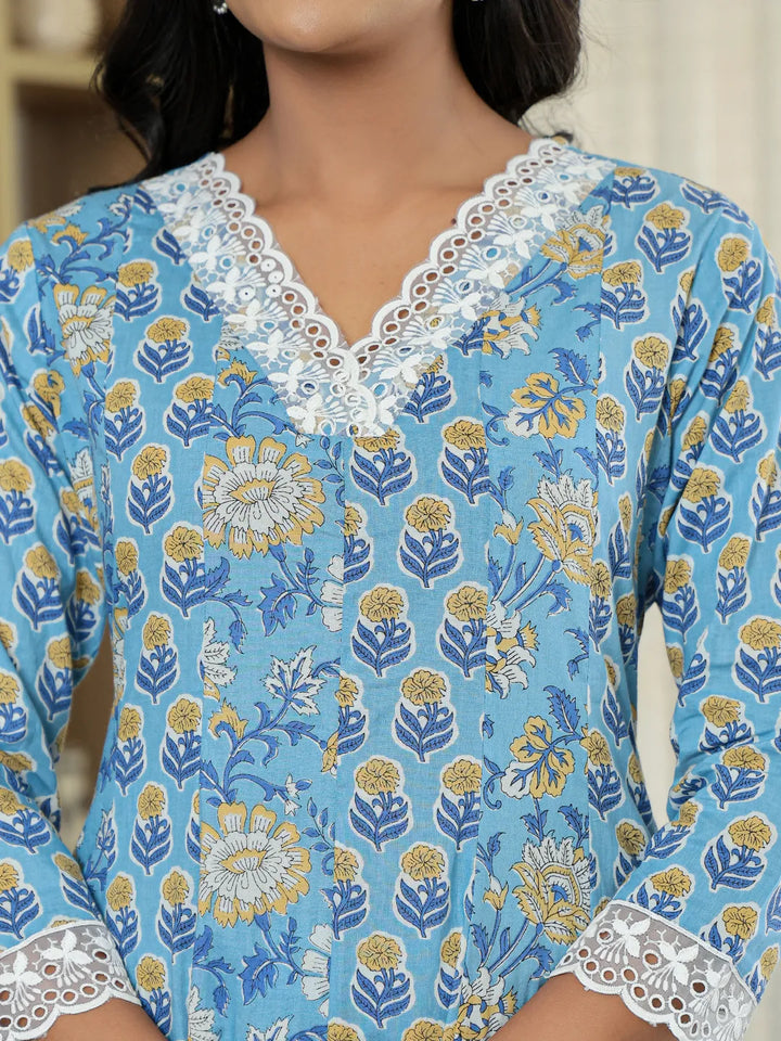 Pure Cotton Blue Anarkali Kurta Dupatta Set With Lacework