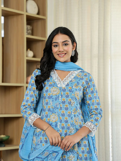 Pure Cotton Blue Anarkali Kurta Dupatta Set With Lacework
