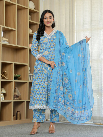 Pure Cotton Blue Anarkali Kurta Dupatta Set With Lacework