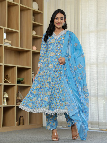 Pure Cotton Blue Anarkali Kurta Dupatta Set With Lacework