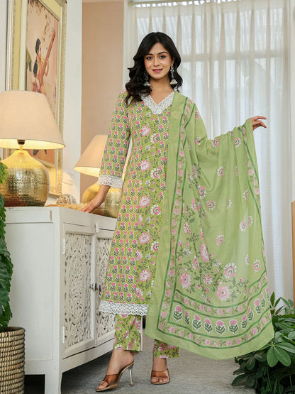 Pure Cotton Green Anarkali Kurta Dupatta Set With Lacework
