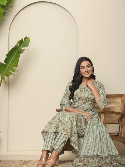 Pure Cotton Green Maternity Kurta Set With Pant & Dupatta