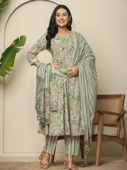 Pure Cotton Green Maternity Kurta Set With Pant & Dupatta