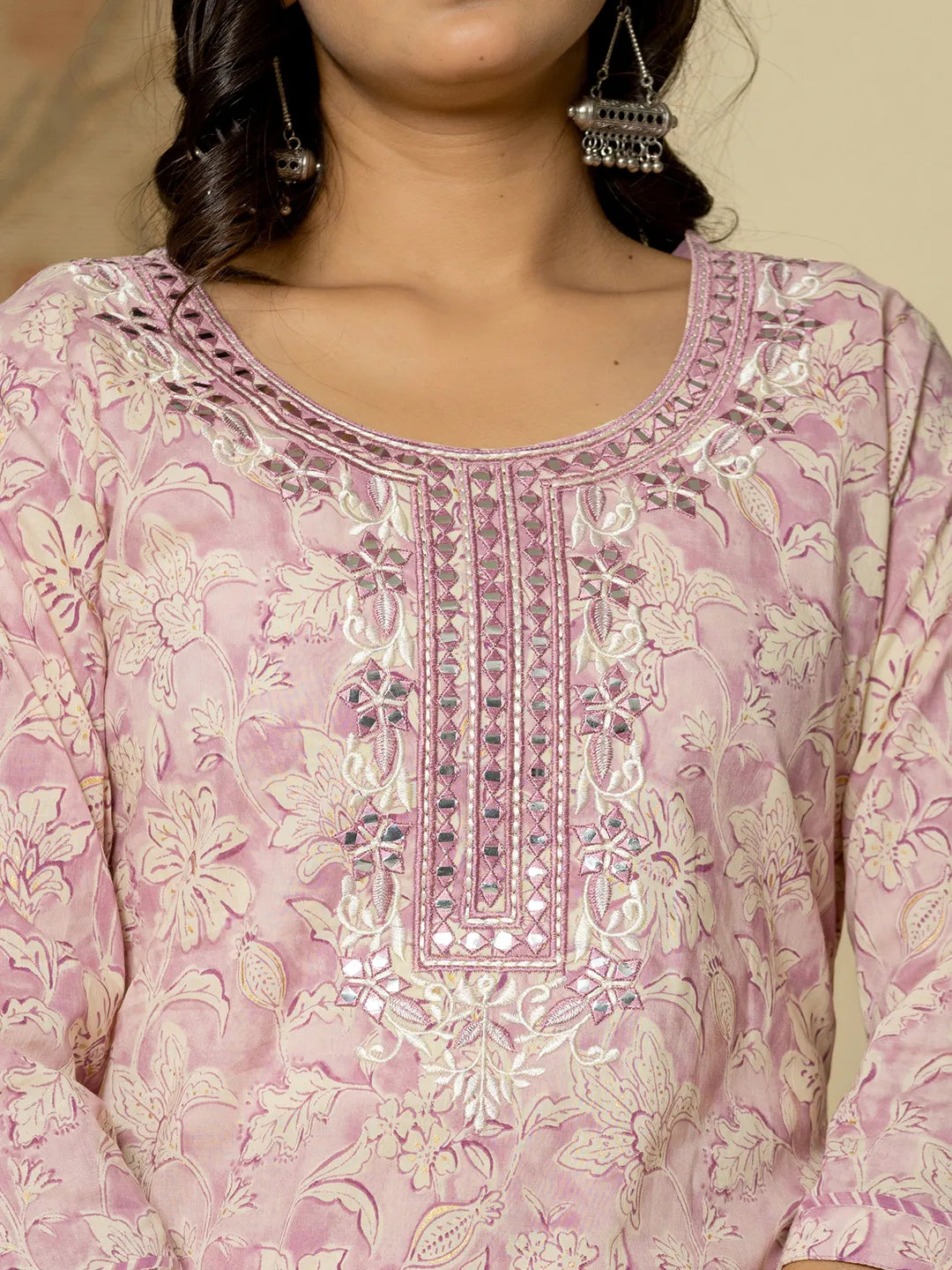 Pure Cotton Lavender Floral Embroidery Kurta Dupatta Pant Set