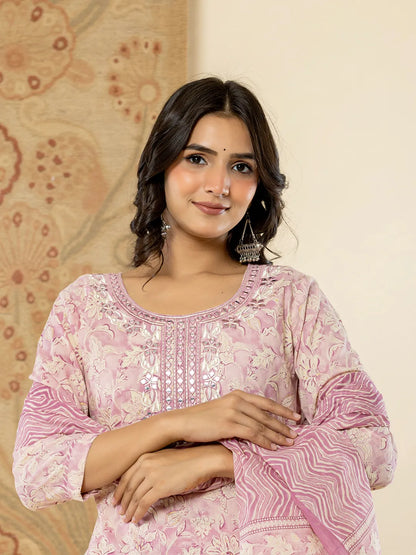 Pure Cotton Lavender Floral Embroidery Kurta Dupatta Pant Set