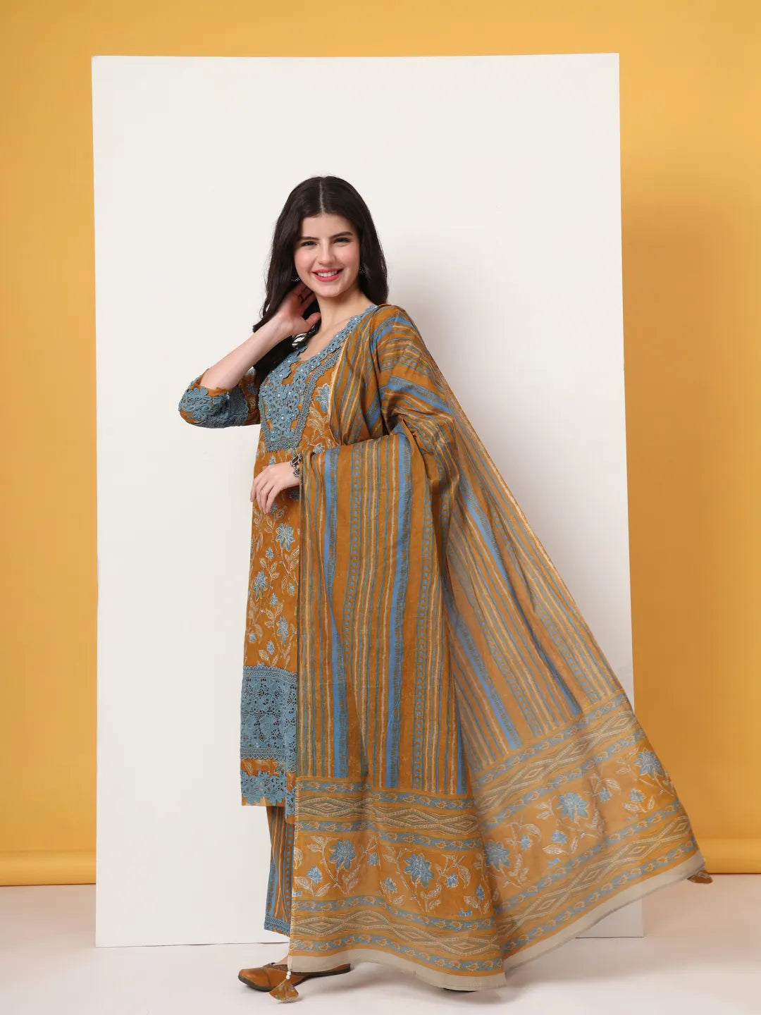 Pure Cotton Mustard Kurta Dupatta Set With Lace Detailing