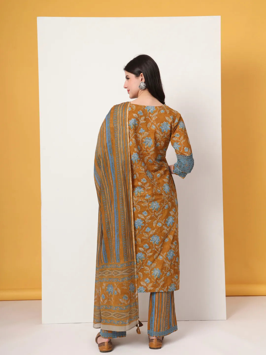 Pure Cotton Mustard Kurta Dupatta Set With Lace Detailing
