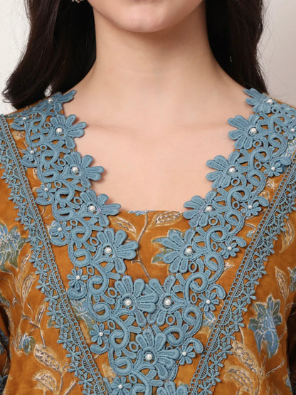 Pure Cotton Mustard Kurta Dupatta Set With Lace Detailing