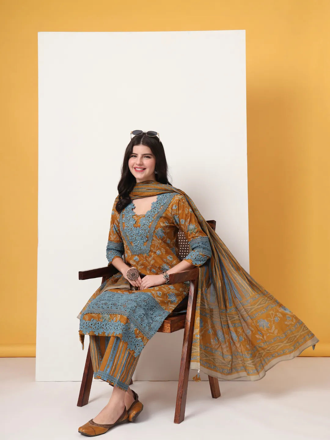 Pure Cotton Mustard Kurta Dupatta Set With Lace Detailing