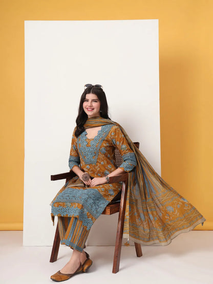 Pure Cotton Mustard Kurta Dupatta Set With Lace Detailing
