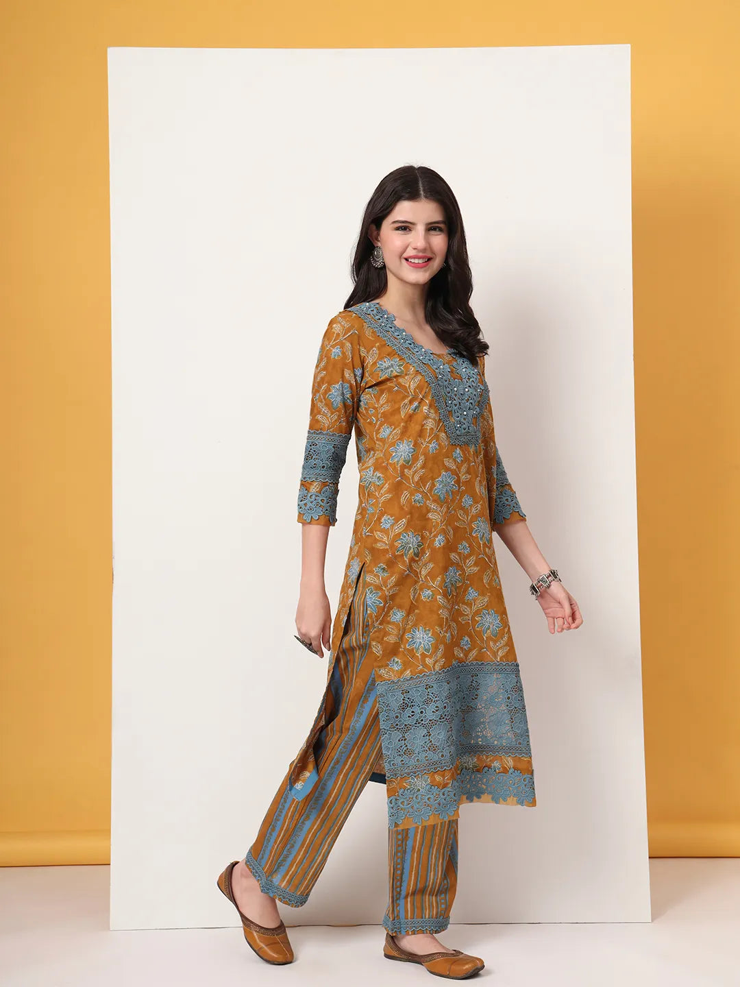 Pure Cotton Mustard Kurta Dupatta Set With Lace Detailing
