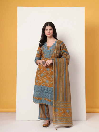 Pure Cotton Mustard Kurta Dupatta Set With Lace Detailing