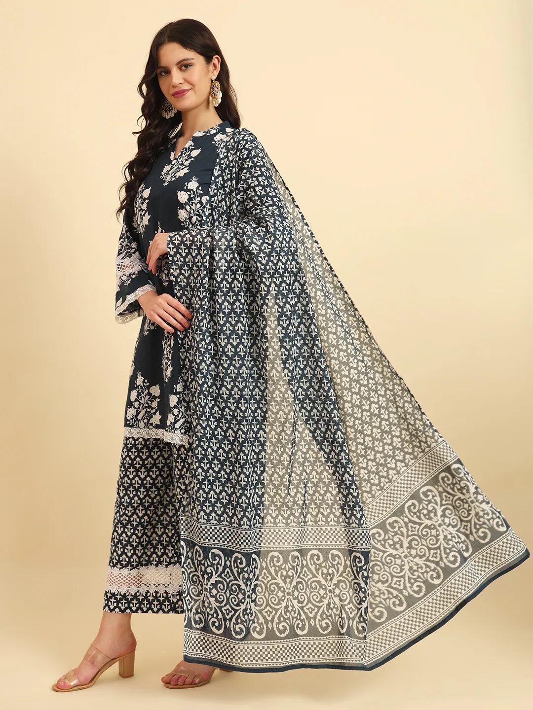 Pure Cotton Pakistani Style Kurta Set With Pant &amp; Dupatta With Lace Detailing