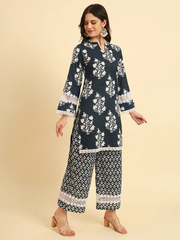 Pure Cotton Pakistani Style Kurta Set With Pant &amp; Dupatta With Lace Detailing