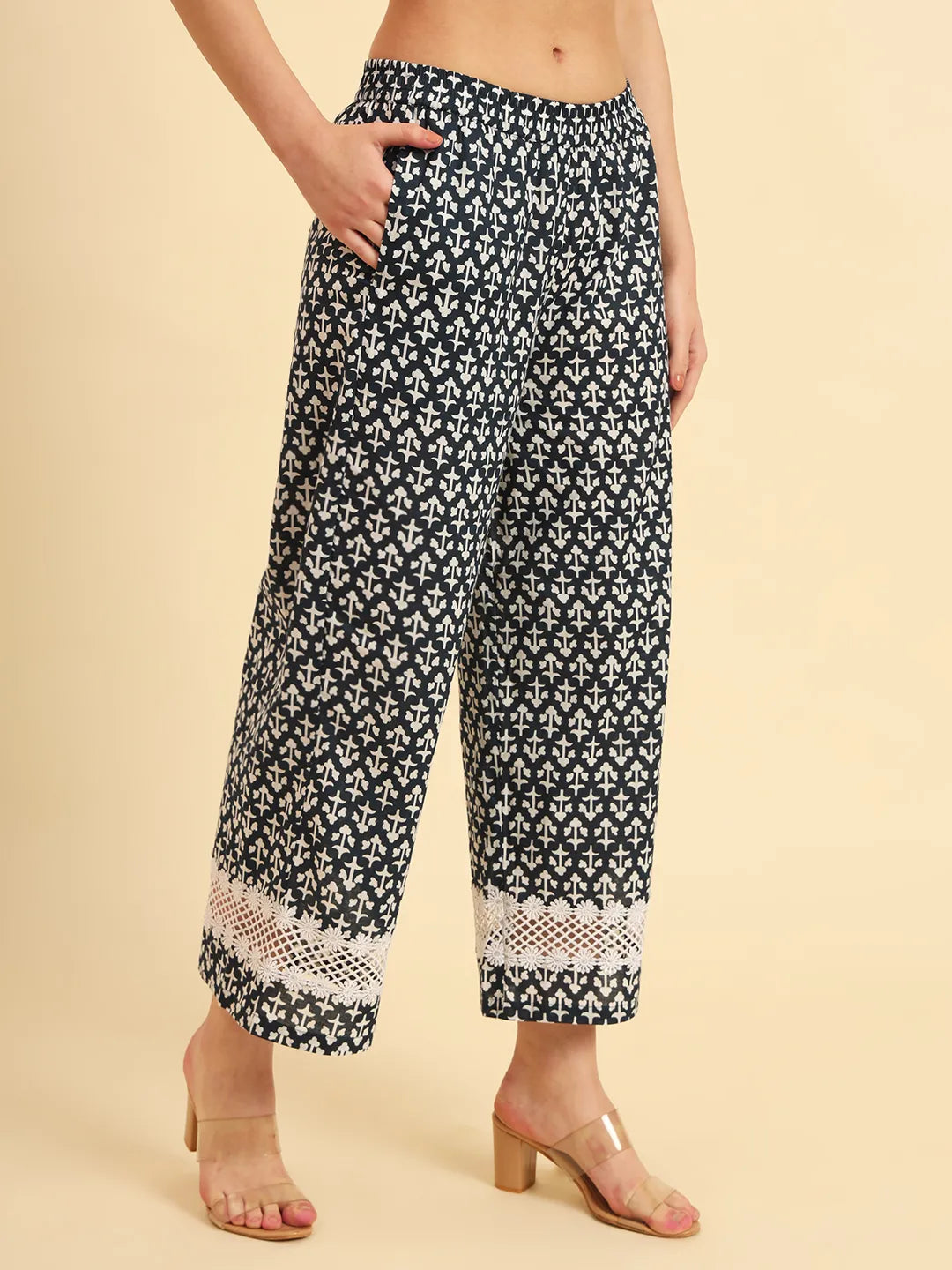 Pure Cotton Pakistani Style Kurta Set With Pant &amp; Dupatta With Lace Detailing