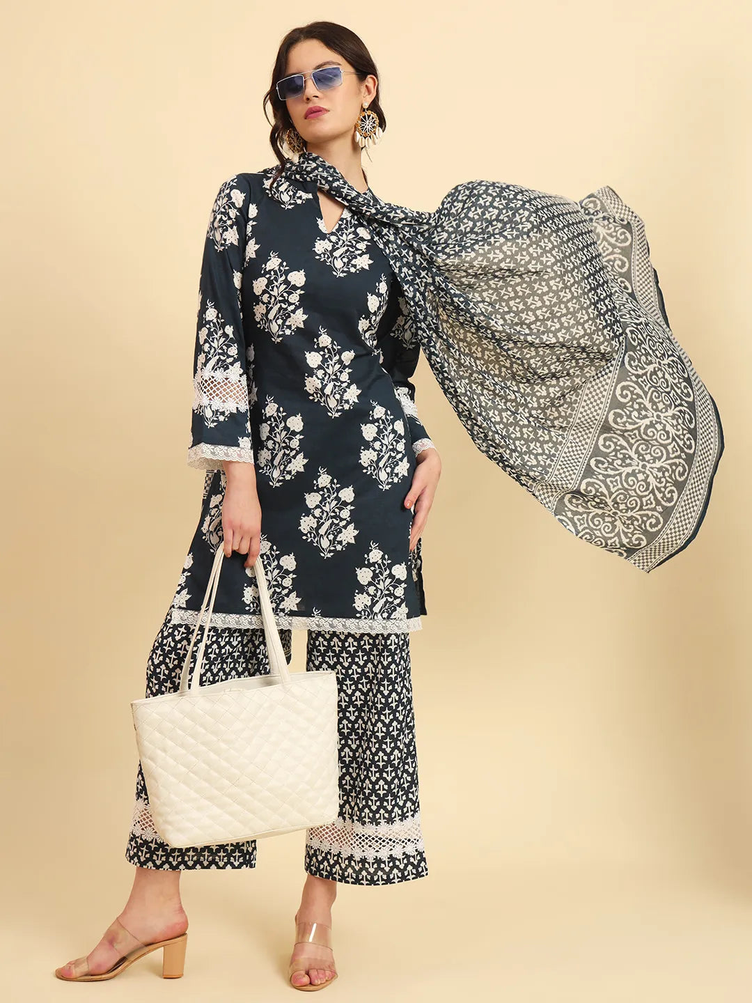 Pure Cotton Pakistani Style Kurta Set With Pant &amp; Dupatta With Lace Detailing