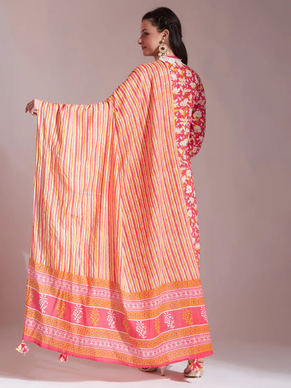 Pure Cotton Pink Kurta Dupatta Set With Lace Detailing