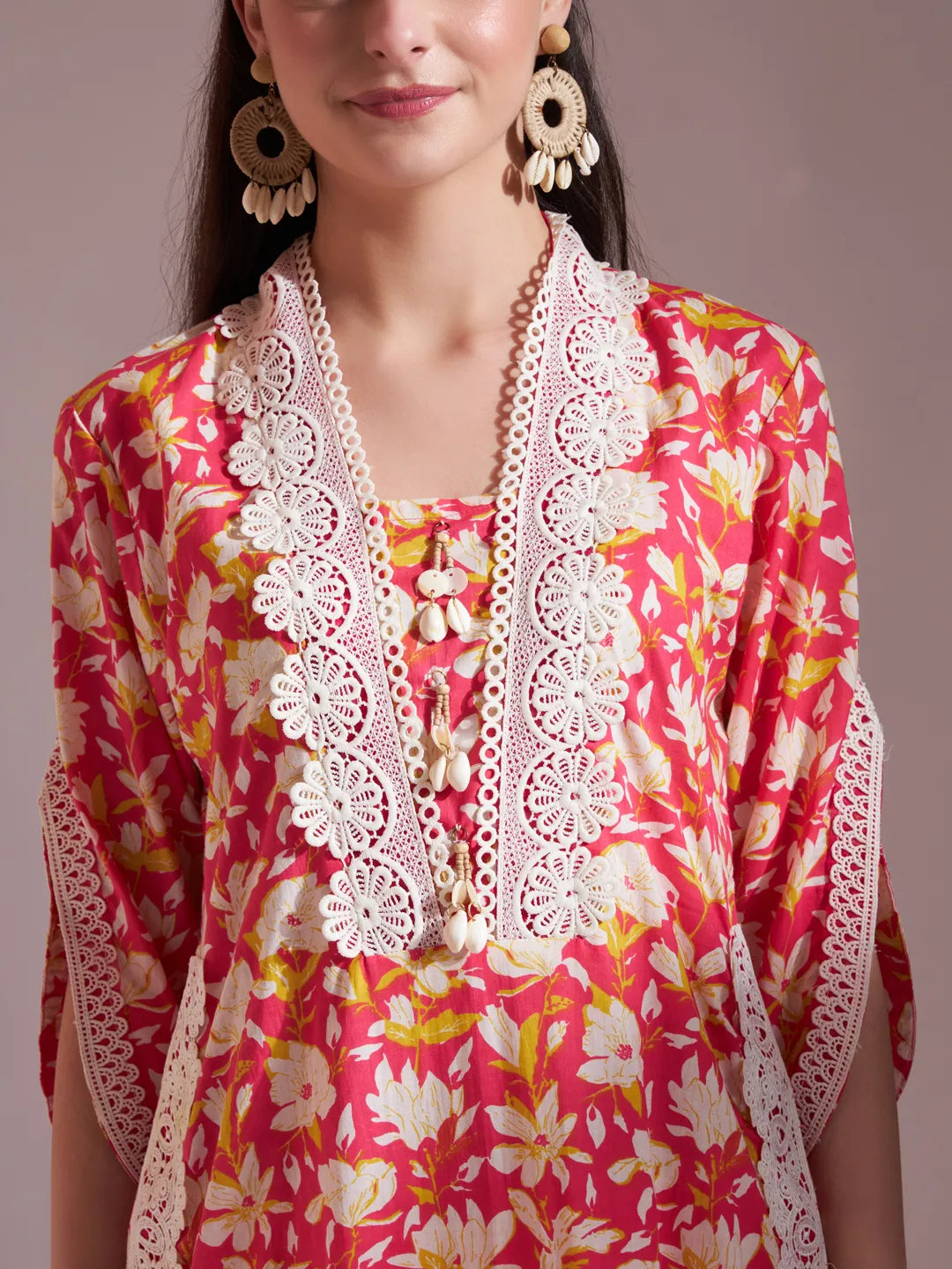 Pure Cotton Pink Kurta Dupatta Set With Lace Detailing