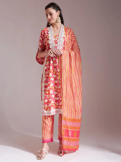 Pure Cotton Pink Kurta Dupatta Set With Lace Detailing