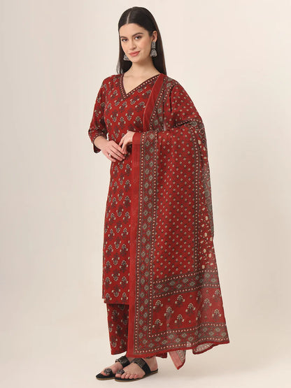 Pure Cotton Red A-Line Kurta Dupatta Set With Handwork