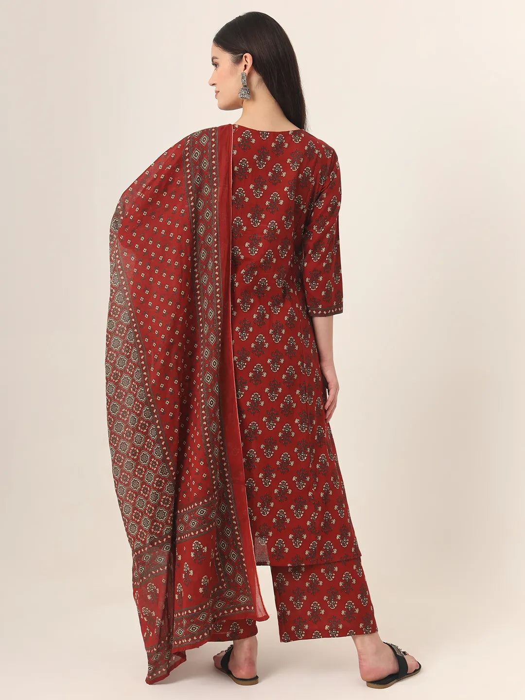 Pure Cotton Red A-Line Kurta Dupatta Set With Handwork