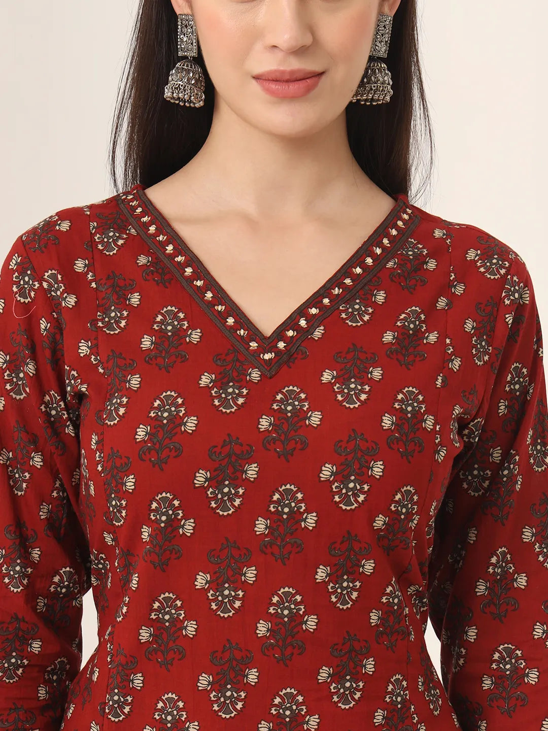 Pure Cotton Red A-Line Kurta Dupatta Set With Handwork