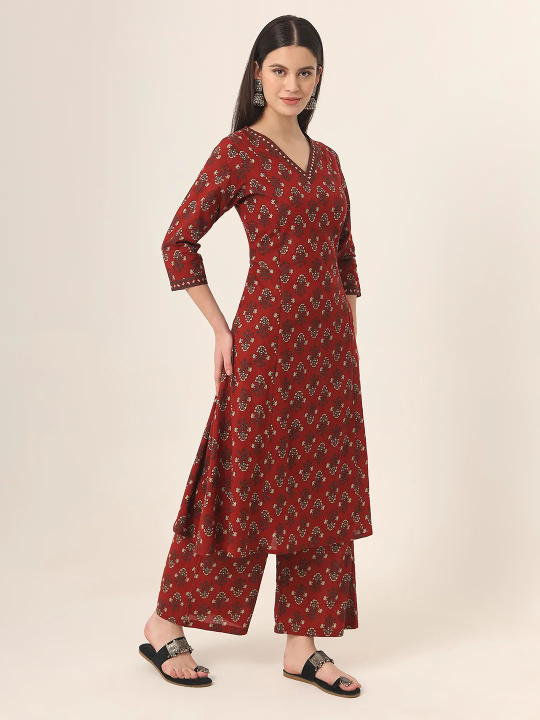 Pure Cotton Red A-Line Kurta Dupatta Set With Handwork