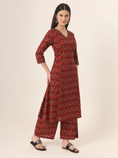 Pure Cotton Red A-Line Kurta Dupatta Set With Handwork