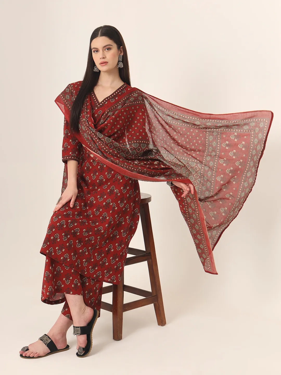 Pure Cotton Red A-Line Kurta Dupatta Set With Handwork
