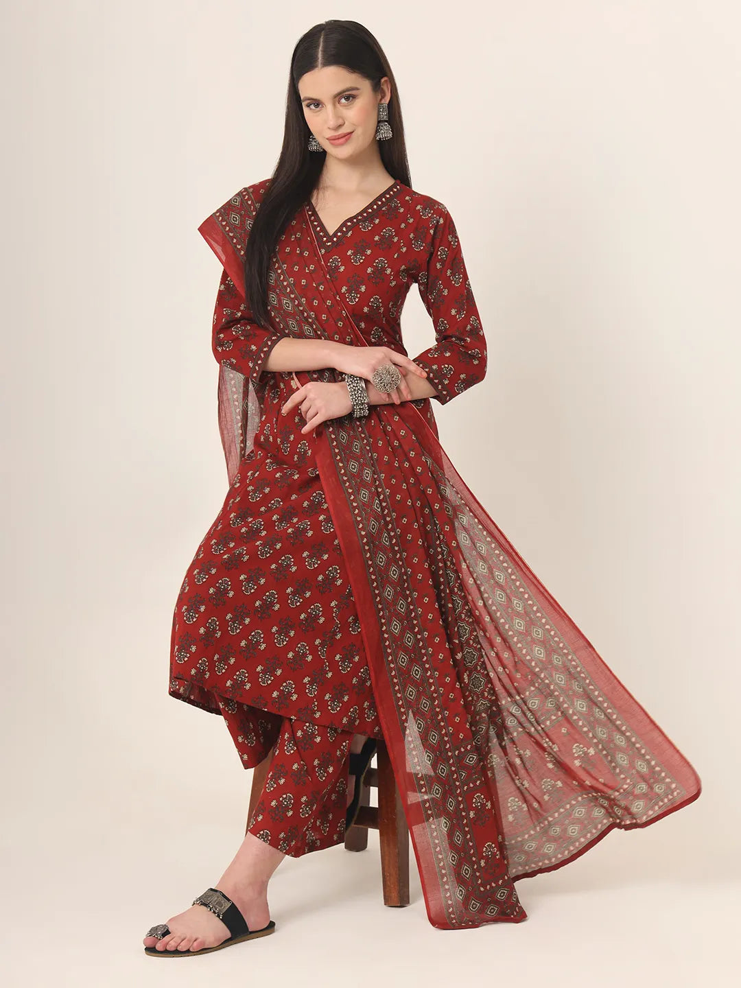 Pure Cotton Red A-Line Kurta Dupatta Set With Handwork