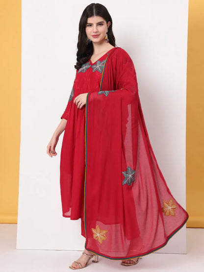 Pure Cotton Red Anarkali Kurta Dupatta Pant Set