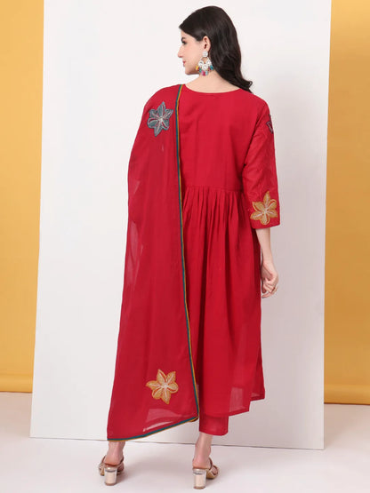Pure Cotton Red Anarkali Kurta Dupatta Pant Set